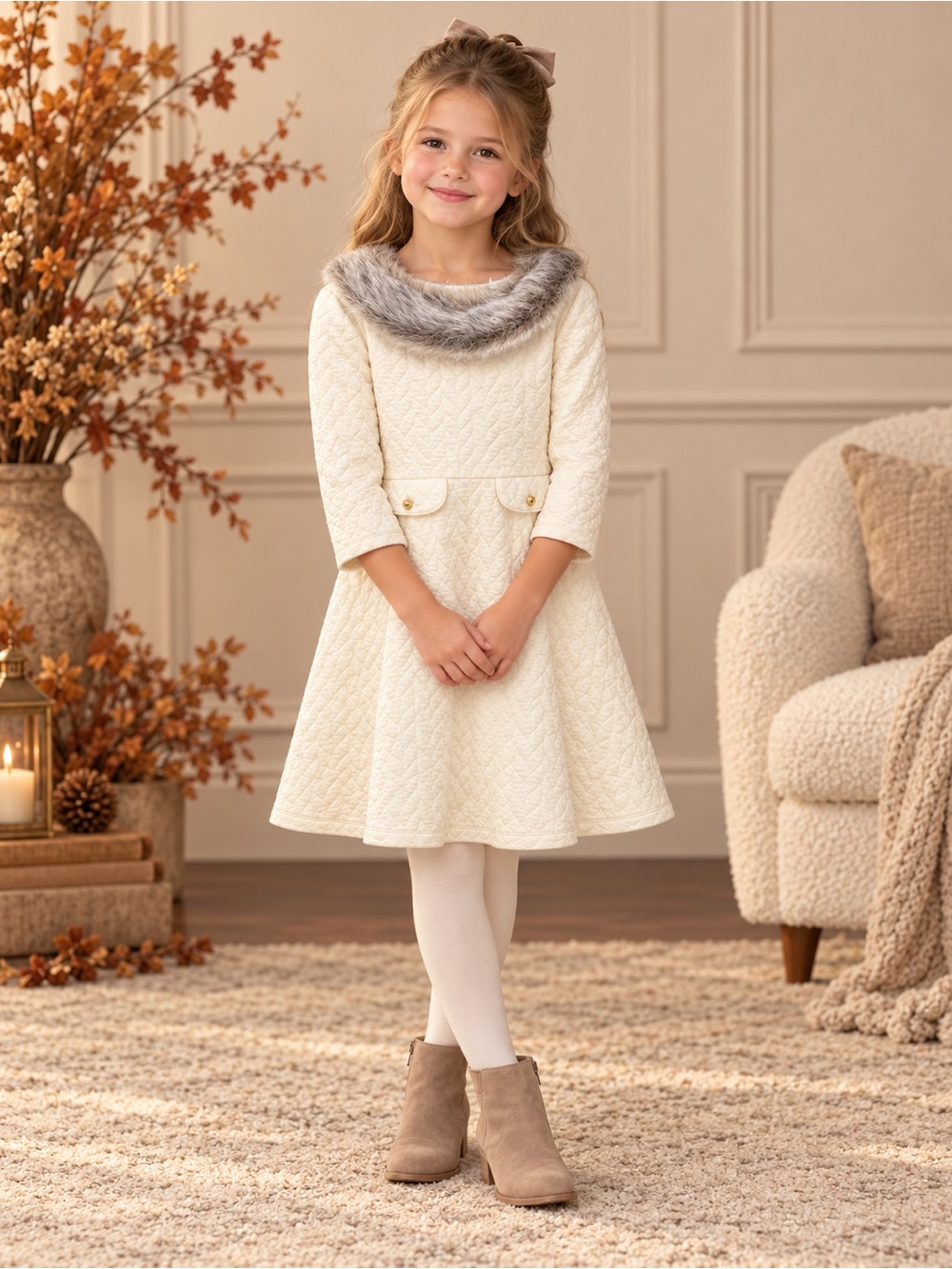 Janie and Jack Swiss Chalet Collection Quilted Dress with Faux Fur Collar